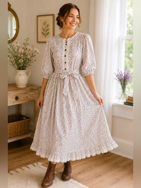 Pioneer-Inspired Handmade White Ditzy Floral Midi Dress Ruffles Pockets Prairie